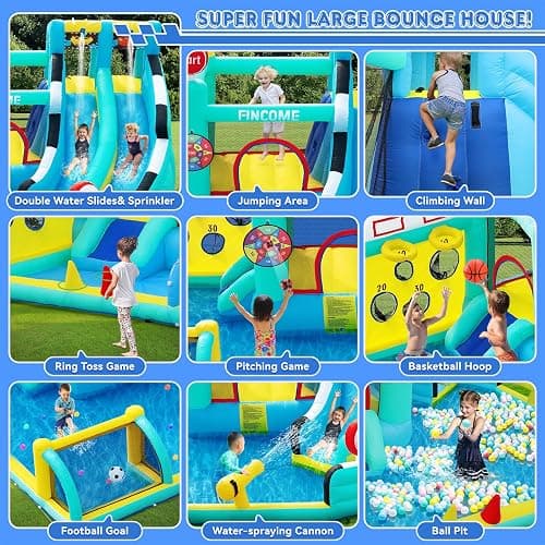 FINCOME Bounce House Double Slides for Kids 3-10, Large Bounce Castle with Air Blower 550W, Pool, Jumping, Climbing, Balls, Ring Toss, Inflatable Water Park for Birthday Party Holiday Outdoor Indoor thumbnail 3