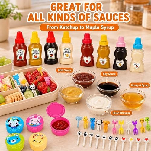 WXOIEOD 72 Pack Lunch Box Accessories, Including Mini Ketchup Bottle Bear Shaped Condiment Squeeze Bottles Small Sauce Containers Animal Food Picks for Travel Bento Box Picnic thumbnail 7