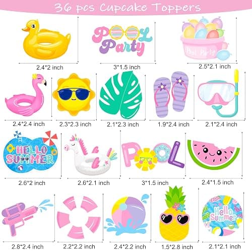 36pc Summer Cupcake Toppers - Pool Party Decorations - Water Themed Birthday Cake Picks for Swimming Baby Shower thumbnail 4