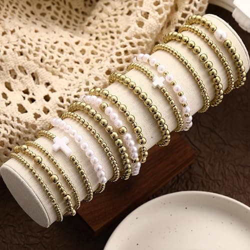 Pls Back 16 PCS Gold Bead Pearl Bracelet for Women, Gold Plated Beaded Strand Bead Ball Bracelets stack Adjustable Jewelry Set for Gifts thumbnail 8