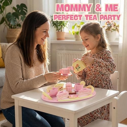 Wooden Tea Party Set for Girls – 16 Pcs Pink Princess Tea Set with Teapot, Cake & Desserts | Pretend Play Kitchen Toys for Toddlers Ages 3-5, Birthday Gift for Kids thumbnail 6