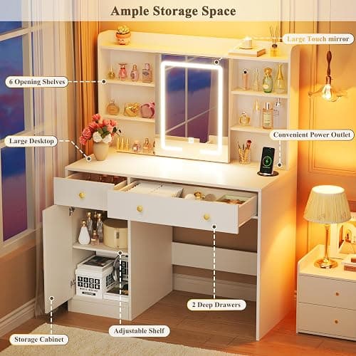 HUAHUU Vanity Desk with Mirror and Lights, 37" Makeup Vanity Desk with LED Lighted Mirror, Power Outlet, White Vanity with Storage Cabinet, 2 Drawers & 6 Shelves for Bedroom thumbnail 5