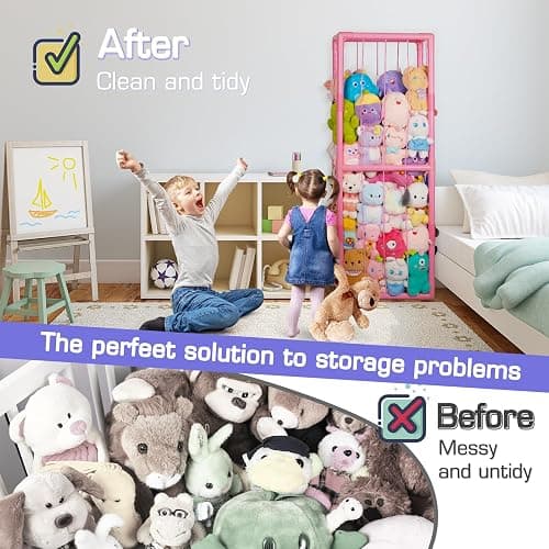 Trycooling Stuffed Animal Storage Zoo Stuffed Animal Holder Space Save Vertical Stuffed Animals Storage PVC with Elastic Band and Net for Playroom Bedroom Nursery (Pink 1) thumbnail 5