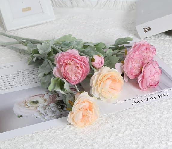 IPOPU Artificial Peonies 6pcs Ranunculus Silk Flowers 18Heads Pink Flowers Combo Champagne Fake Flowers 20.47" Faux Floral Arrangements Wedding Decorations for Home Kitchen (Champagne&Pink) thumbnail 2