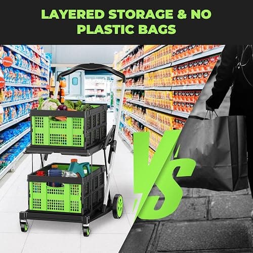 BSMTEK 8-in-1 Max 200LBS Collapsible Shopping Cart on Wheels with 2 Storage Crates, Portable Foldable Shopping Cart with Foot Brake for Picnic, Supermarket, Office, Green-2025 Upgraded thumbnail 6