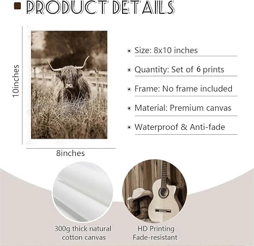 INADIKEIN 6PCS Vintage Western Cowboy Wall Art, Highland Cattle Rustic Farmhouse Canvas, 8x10 Inch Unframed, for Bedroom Kitchen Rustic Western Decor thumbnail 6