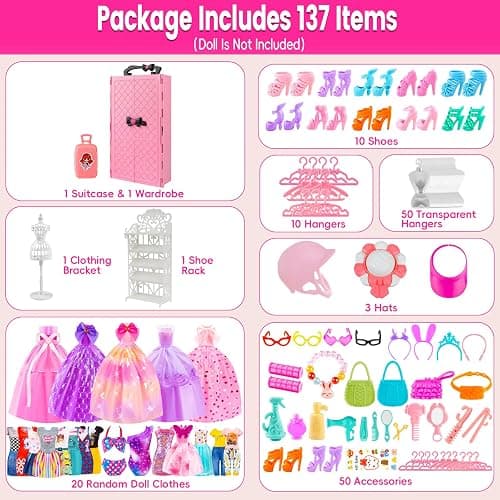 137 Pcs Doll Closet Playset Clothes and Accessories for 11.5 Inch Dolls, Included Princess Dresses,Fashion Dresses,Casual Clothing,Swimsuits,Bags,Shoes,Doll Dress up Toys for Girls Kids Toddlers Gifts thumbnail 4