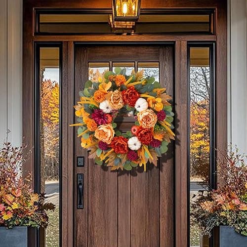 24 Inch Fall Wreaths for Front Door with Orange Peony and Burgundy Dahlias | Artificial Silk Autumn Wreath with Realistic White Pumpkin,Rustic Farmhouse Thanksgiving Halloween Decorations for Porch Wall thumbnail 5