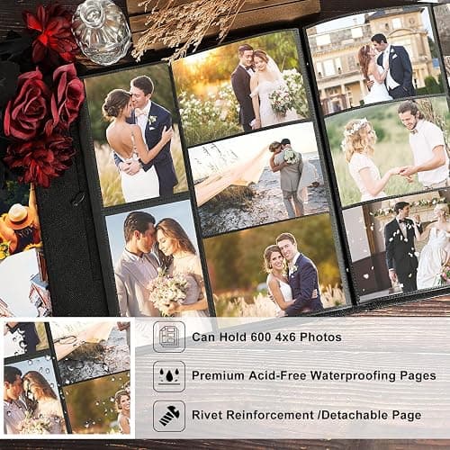 Lanpn Wedding Photo Album 4x6 600 Pocket Photos Slip in, Linen Cover Large Capacity Newlywed Marriage Album Hold 600 Horizontal Vertical Photos (Flower, Beige) thumbnail 5