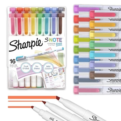 Sharpie S-Note Duo Dual-Tip Creative Highlighters, Assorted Mild Colors, No Bleed, Fine and Chisel Tips, Includes Stand-Up Easel, 16 Count - Image 1