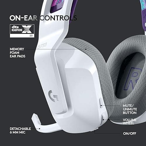 Logitech G733 LIGHTSPEED Wireless Gaming Headset with Suspension Headband, LIGHTSYNC RGB, Blue Voice Mic Techonolgy and PRO-G Audio Drivers - White thumbnail 6