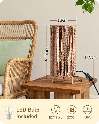 EDISHINE Boho Bedside Lamps Set of 2, Rattan Table Lamp for Living Room, Bedroom, LED Bulb Included, E27 Base, Vertical Stripes Lampshade thumbnail 4