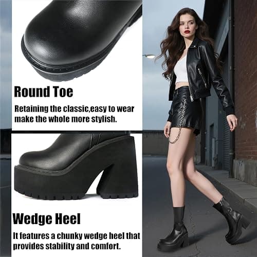 AMINUGAL Womens Wedge Heel Ankle Boots Platform Zipper Punk Motorcycle Booties Chunky Block High Heel Round Toe Fashion Work Combat Boots Mid Calf For Women thumbnail 4
