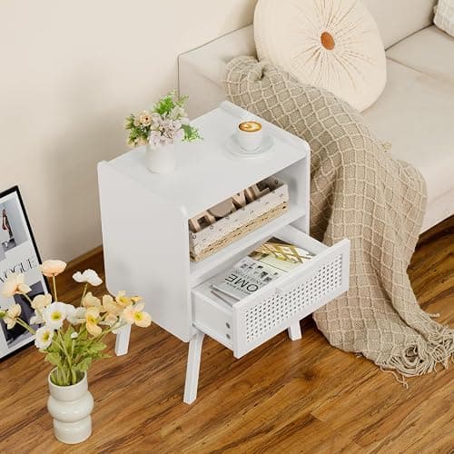 Lerliuo Rattan Nightstand, Side Table with Drawer Open Shelf, Cane Accent Bedside End Table with Solid Wood Legs, Mid Century Modern Night Stand for Bedroom, Dorm and Small Spaces (White) thumbnail 4