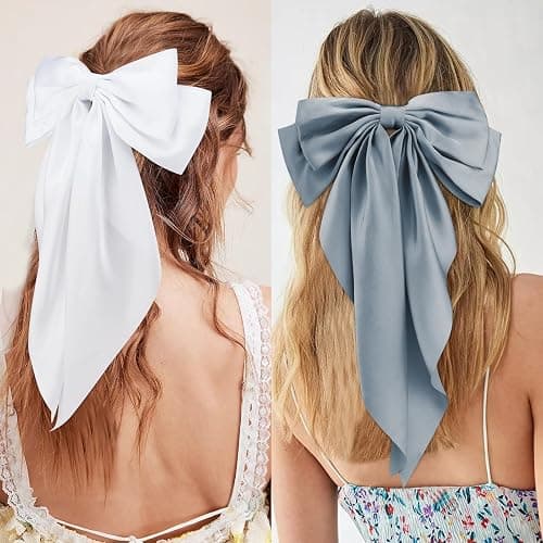 Velscrun 3Pcs Hair Accessories for Women - Black, White, and Navy Blue Oversized Satin Bows with Long Tails and Clips for Girls - Hair Barrettes Gift Set thumbnail 3