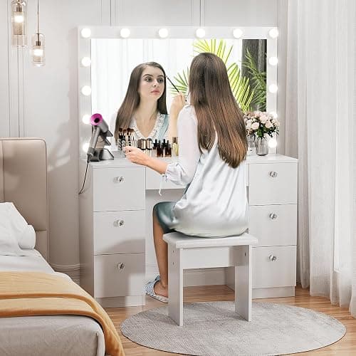 VOWNER Vanity with Lighted Mirror - Makeup Vanity Desk with Power Outlet and 7 Drawers, 3 Color Lighting Modes Adjustable Brightness, 44" Vanity Table with Soft Cushioned Stool for Women Girls, White thumbnail 8