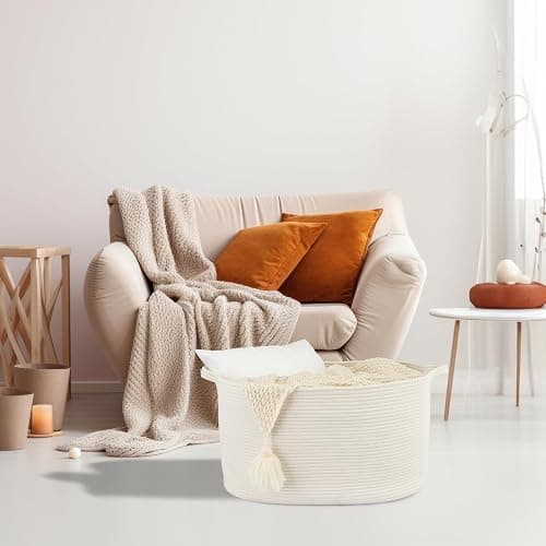 XUANGUO Large Rectangle Blankets Basket Living Room 22"x17"x12" Woven Cotton Rope Storage Baskets for Nursery Toy Baskets for Kids and Dogs Wicker Laundry Basket Bin for Clothes Towels white thumbnail 5