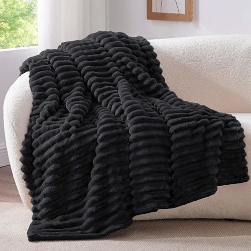 BEDELITE Fleece Throw Blanket for Couch - 300GSM Soft & Warm Fluffy Black Blanket, Decorative and Giftable Striped Blankets for Women, Men, 50"x70" thumbnail 2