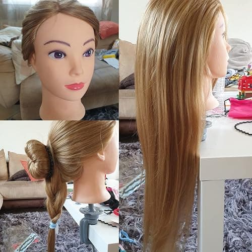 71cm hairdressing Head, 60% Real Human Hair Cosmetology Mannequin Head Manikin Doll Head with Table Clamp + DIY Hair Styling Tools Set (Gold) thumbnail 7