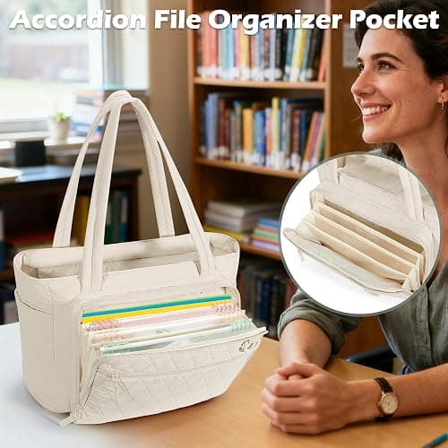 Yarwo Lightweight Teacher Tote Bag for Women, 15.6 inch Laptop Work Bag with Accordion File Pocket & Cup Holder thumbnail 6