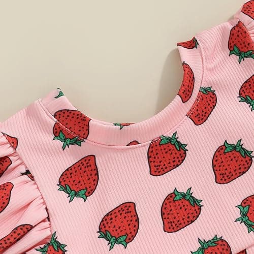 Honganda Fashion 2Pcs Toddler Baby Girl Strawberry Outfit Set Ruffle Short Sleeve Crop Top Flared Pants Summer Knit Clothes thumbnail 4