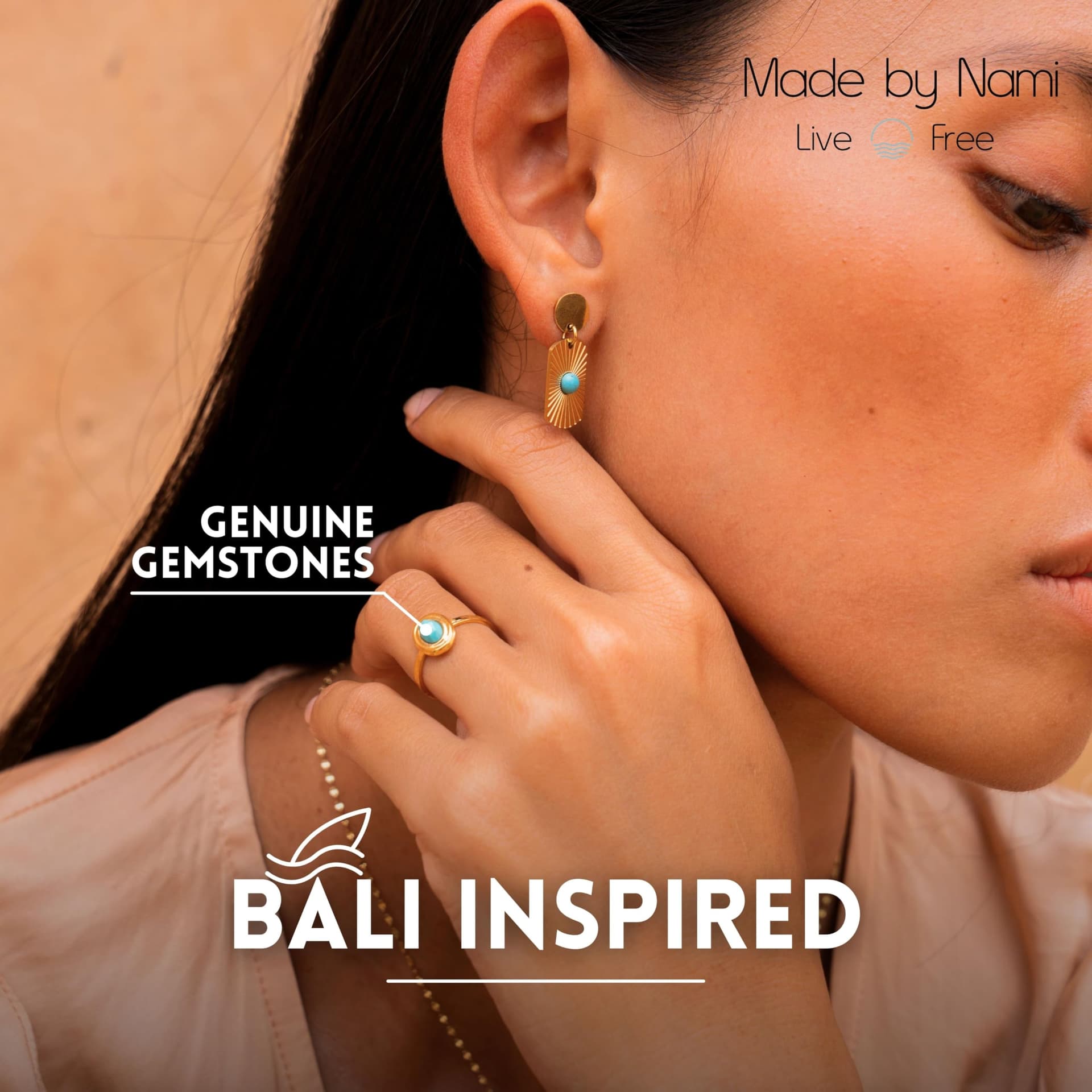 Made by Nami Women's Golden Boho Ring with Turquoise Stone Surgical Stainless Steel Minimalist Gemstone Adjustable Waterproof Jewellery Hypoallergenic Gift for You thumbnail 3