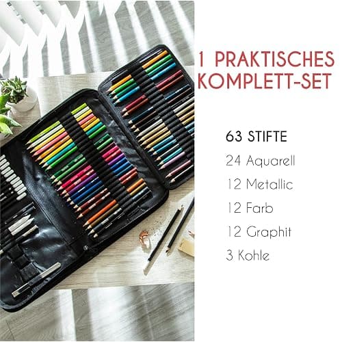 Zenacolor 74-teiliges professionelles Zeichenstifte Set, Federmappe mit 24 Wasserfarb-Malstiften, 12 Buntstifte, 12 metallische Malstifte, 12 Bleistifte und Zubehör - 1 Skizzenbuch thumbnail 4
