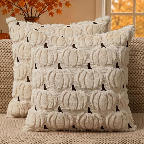 DFXSZ Fall Pillow Covers 18x18 Set of 2 Fall Decorations Beige Brown Pumpkin Throw Pillow Cases Soft Faux Fur Wool Couch Cushion Case for Chair Sofa Bedroom Living Room Home Decor PTK02V18 - Image 1