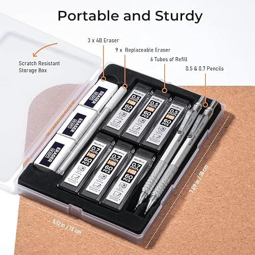 Nicpro 2 PCS Mechanical Pencil 0.5mm & 0.7 mm with Case, MP1000 Metal Artist Pencil Set with 6 Tubes HB Lead Refills, 3 Erasers, 9 Eraser Refills For Art Writing Drafting, Drawing, Sketch, Silver thumbnail 7