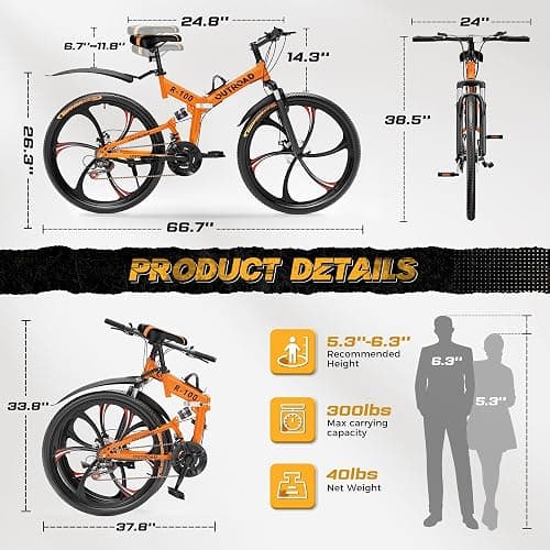 Outroad 26 Inch Folding Mountain Bike, 21 Speed Full Suspension High-Carbon Steel MTB Foldable Bicycle, Dual Disc Brake Non-Slip Folding Bikes for Adults/Men/Women, Black, Orange and Green thumbnail 3