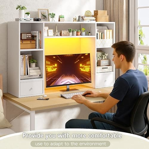 REIBII Desktop Bookshelf with LED Lights,47.2" Desktop Organizer with 6 Shelves and 2 Drawers for Top of Desk,Multipurpose Desk Hutch Dorm with Adjustable Shelves for Home and Office,White thumbnail 7