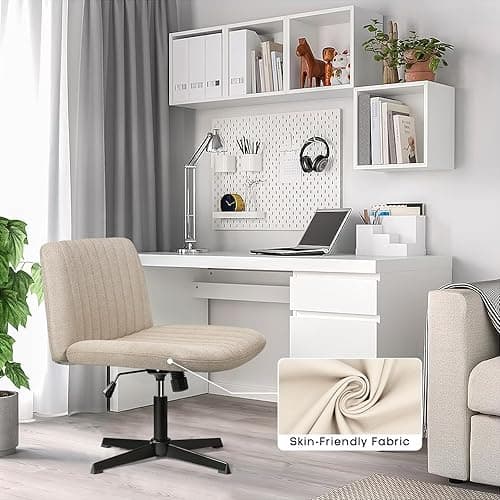 PUKAMI Criss Cross Chair,Comfy Cross Legged Office Desk Chair No Wheels,Modern Fabric Swivel Adjustable Height Mid Back Wide Seat for Home Office Computer Makeup Vanity Task(Beige) thumbnail 9