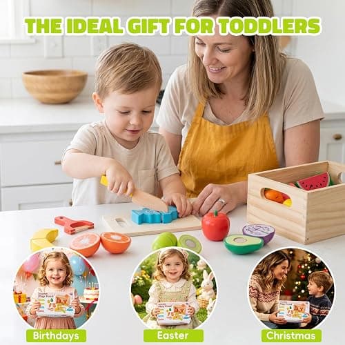 Wooden Play Food Sets for Kids Kitchen, Velcro Fruits & Veggies Cutting Set | Fake Food Play Kitchen Accessories, Learning Pretend Play for Toddlers 3-5 Boys Girls thumbnail 7
