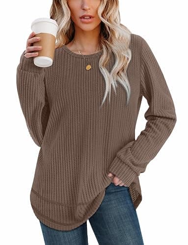 WIHOLL Tunic Tops for Women Loose Fit Dressy Waffle Knit Long Sleeve Shirts Trendy Fall Fashion Crewneck Sweaters Curved Hem thumbnail 2