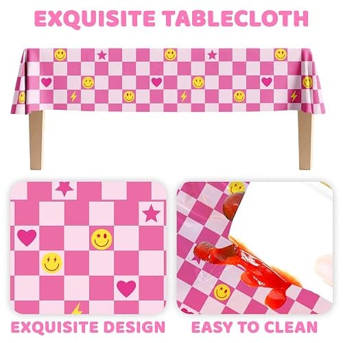 2Pcs Preppy Party Tablecloths Retro Smile Face Lightning Heart Star Table Cover Pink White Checkered Disposable Plastic Tableware for Y2K Groovy Birthday Baby Shower Party Table Decor Supplies thumbnail 4