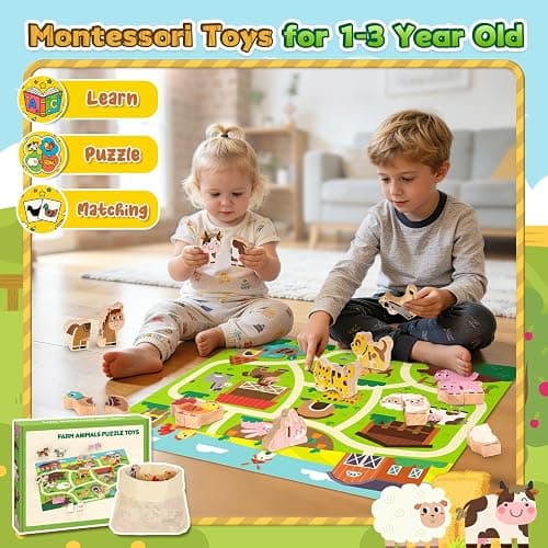 Kimzom Toys for 1 2 3 Year old Boys Girls, Montessori Matching Puzzles Games Wooden Farm Animal Toys for Toddlers, Birthday Gift Presents for 18 Months Plus Baby Puzzles with Snap Fasteners thumbnail 6