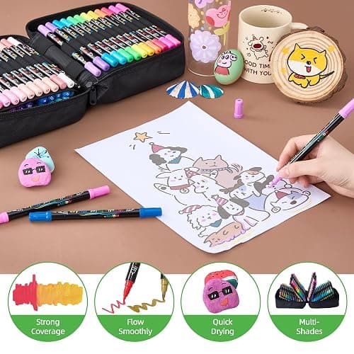 FEGLEEN 120 Colors Acrylic Paint Markers,Dual Tip Acrylic Marker Set With Fine Tip and Brush Tip Contain Metallic,Glitter,Neon,Morandi,Skin Tone Series for Rock Painting,Egg,Wood,Glass,Fabric,Crafts thumbnail 3