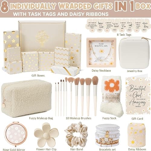 Christmas Gifts for Tween & Teen Girls - 8 PCS Birthday Gifts Basket Teen Girls Trendy Stuff w/ Fun Task Tags Make up Brushes & Bag, Empower Advent Calendar Wrapped Gifts Box for Daughter Niece Sister thumbnail 2