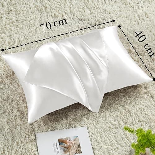 Vielit 2 Piezas Funda Almohada Satén 70x40 Crema, Suave Como la Seda, para el Cabello y la Piel - Con 2 Elásticos para el Cabello thumbnail 2
