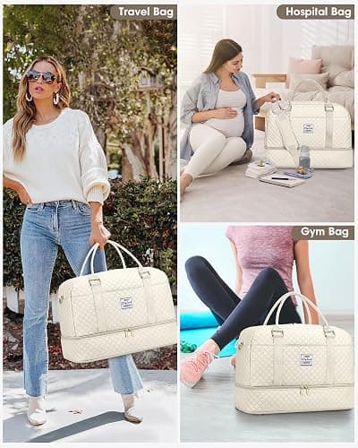 Travel Duffle Weekender Bags for Women: Overnight Bag with Shoe Compartment Carry On Bags with Toiletry & Wet Pocket Large Tote Hospital for Women Labor Delivery Beige thumbnail 6