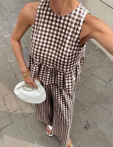 VATEAMI Womens 2 Piece Outfits Sets Gingham Plaid Sleeveless Ruffle Tank Tops and Wide Leg Pants Summer Matching Lounge Sets thumbnail 3