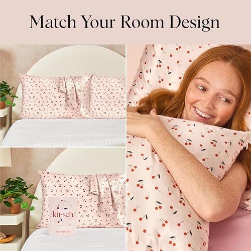 Kitsch Satin Pillowcase, Softer Than Silk Pillow Cases Queen, Cooling Pillow Covers, Satin Pillowcase w/Zipper for Hair, Skin & Quality Sleep, Wrinkle-Free & Smooth, Queen Size 19"x26", Cherry Print thumbnail 5