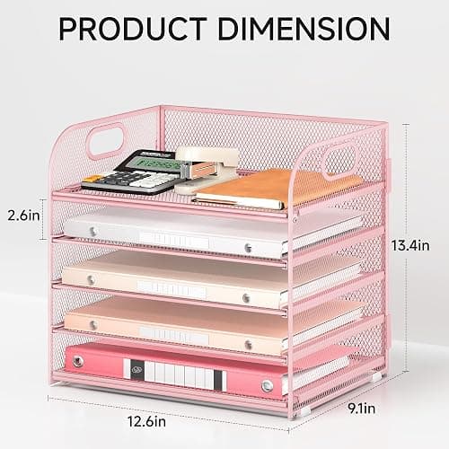 5 Tray Paper Organizer Letter Tray with Handle - Mesh Desk File Organizer, Paper Sorter Organizer for Office, Home or School File Folder Holder - Pink - 5 Tier - Pink thumbnail 3