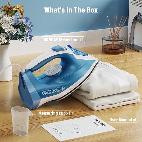 IRONDAY Steam Iron for Clothes Fast Heating, 1200W Iron with Non-Stick Ceramic Soleplate, Self-Cleaning, Burst of Steam, Spray Mist, 7.03oz Water Tank Ironing Clothes for Home, Blue thumbnail 9