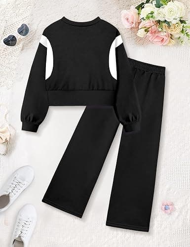 Shallmu Girls Clothes Long Sleeve Stripe Pullover Sweatshirts Top Wide Leg Sweatpants Fall Winter 2 Piece Outfits Sets thumbnail 5