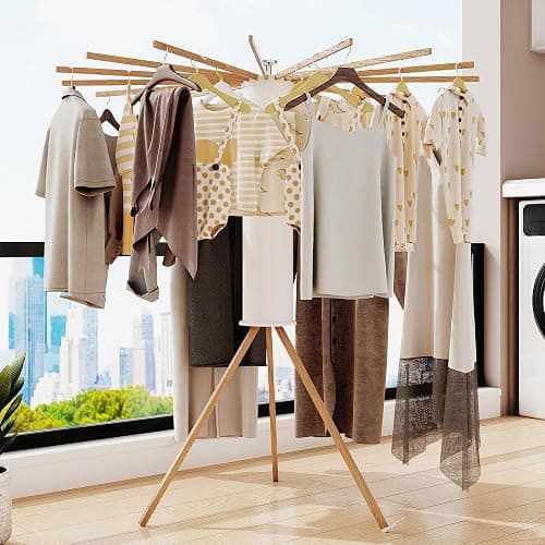 LIENAHU Clothes Drying Rack Tripod,Drying Rack Clothing,Laundry Drying Rack,Floor Standing,16 Wooden Poles,Collapsible Drying Racks for Laundry,Retractable,Foldable,Folding thumbnail 3