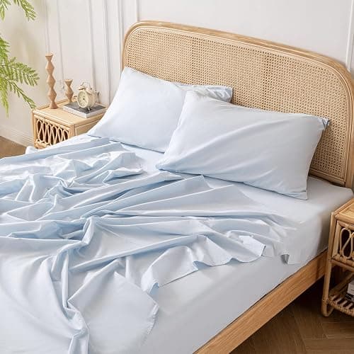 Yibeizi Light Blue 100% Washed Cotton Linen Feel Sheet Set Full Size, 4 Pieces Deep Pocket Bed Sheets Soft Breathable Hotel Bedsheets - Image 1