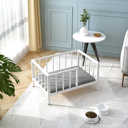OSCHF Dog Bed with Rails - Elevated Pet Metal Bed Frame with Solid Wood Board and Washable Soft Mat for Small Dog Indoor or Outdoor Use, 21.3" x 30 ", White thumbnail 5