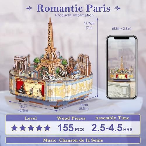 Tonecheer Wooden Music Box Kit, DIY 3D Puzzle Rotating Music Box Kit Creative Musical Puzzles Crafts Model Building Kits Desk Decor Birthday Holiday Gift (Romantic Paris) thumbnail 2