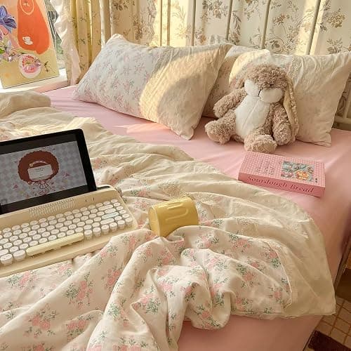 mixinni Vintage Floral Duvet Cover Set - 3 Piece King Size Pink Cottagecore Bedding with Lace Trim, Shabby Chic Bedding Set, Includes 1 Duvet Cover & 2 Pillowcases, Boho Aesthetic for Girls & Dorms thumbnail 3